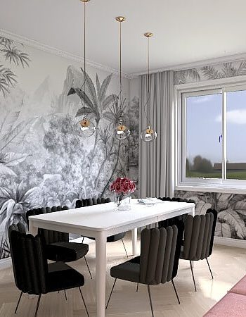Esszimmer mit Esstisch und Stühlen von KFF, moderne Wandgestaltung mit Tapete